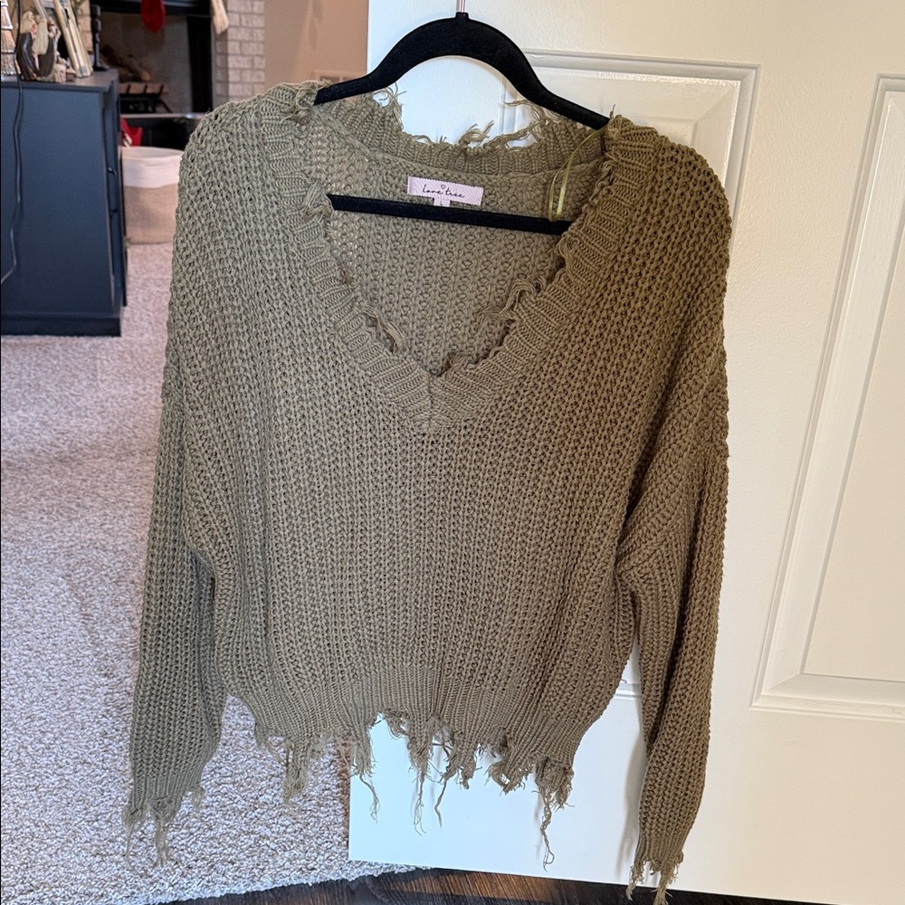 Love Tree Olive V-Neck Distressed Sweater